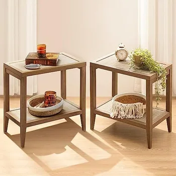 Прикроватные тумбочки, комплект из 2-х прикроватных столиков - Узкий столик в стиле бохо, комплект из 2-х тумбочек для гостиной, деревянный Изображение
