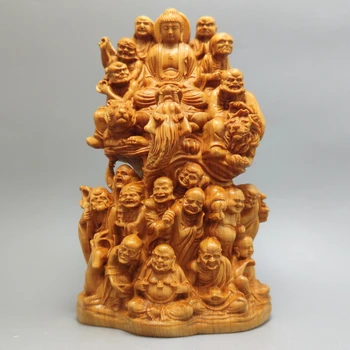 Резьба по дереву из кедра Клифф 18 архатов, скульптура Будды, резьба по дереву 18 драконов, тигр для дома, подарки для рукоделия Изображение
