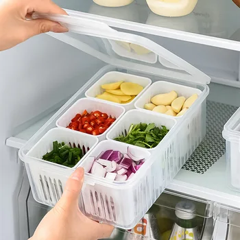 Решетка для сохранения свежести овощей и фруктов на 4/6 отделений, Многофункциональный ящик для хранения продуктов, органайзер для холодильника, Корзина для хранения, слив Изображение