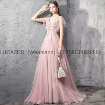 Розовые вечерние платья 2023, Новые элегантные кружевные аппликации трапециевидной формы с V-образным вырезом, Длинное вечернее платье для выпускного вечера, Vestidos De Noche Изображение