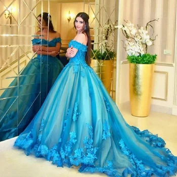 Роскошное бальное платье от Кутюр синего цвета с открытыми плечами, вечернее платье с аппликацией из тюля, милое элегантное платье для выпускного вечера Изображение