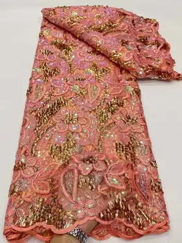 Роскошное издание Африканской кружевной ткани 2023 Года, Новейшая персиковая индийская ткань сари, Высококачественный тюль, кружевная ткань с 3D блестками, свадебное платье Изображение