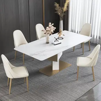 Роскошный прямоугольный садовый стол из мрамора, изготовленный на заказ, из нержавеющей стали 1,8 м, мебель для столовых в скандинавском стиле, мебель для ресторана и отеля Изображение
