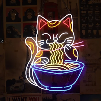 Симпатичная неоновая вывеска аниме Lucky Cat в японском стиле для декора стен кафе-бара, неоновый ночник, светодиодные вывески на заказ Изображение