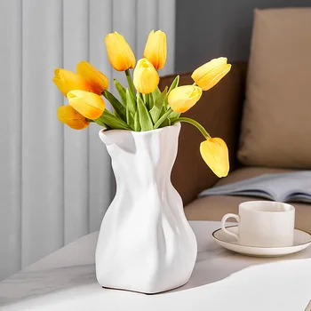 Современные креативные керамические вазы для цветов, Скандинавская плиссированная сумка для домашнего декора стола, веревочный горшок для растений, настольные украшения для гостиной Изображение