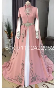 Старые Розовые мусульманские Алжирские Вечерние платья-кафтаны с накидкой, длинный рукав, высокий вырез, Вышитое бисером Черкесское платье для выпускного вечера Изображение