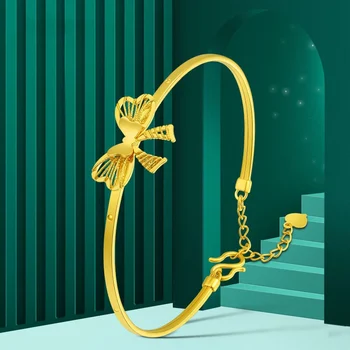 Твердый золотой браслет с бантиком, золотой браслет принцессы-побега, легкий роскошный высококачественный открывающийся браслет для подруги Изображение