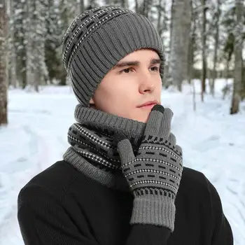 Уютная зимняя шапка, шарф, перчатки, комплект уютных зимних аксессуаров, вязаная шапка-бини, перчатки, шарф с флисовой подкладкой для женщин Изображение