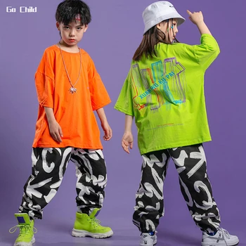 Футболка с принтом для девочек в стиле хип-хоп, джоггеры с граффити, Футболка для мальчиков, штаны для уличных танцев, детская уличная одежда, комплекты джазовой одежды для подростков, Детские костюмы Изображение