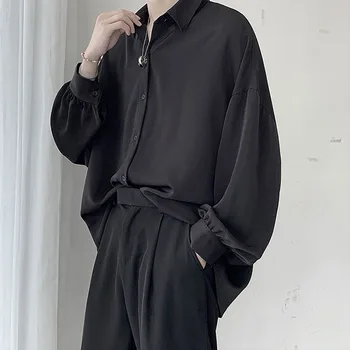 Черные рубашки с длинными рукавами, мужские Корейские удобные блузки, повседневная свободная однобортная рубашка, Осенне-летняя одежда 2023 Изображение