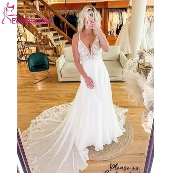 Шифоновое кружевное свадебное платье 2023 для невесты, свадебное платье с V-образным вырезом, Пляжное свадебное платье, Элегантное простое платье Robe De Marie Изображение