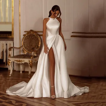 Элегантное Простое свадебное платье Русалки с разрезом по бокам и бантом, Атласные свадебные платья на заказ, Vestido De Novia Изображение
