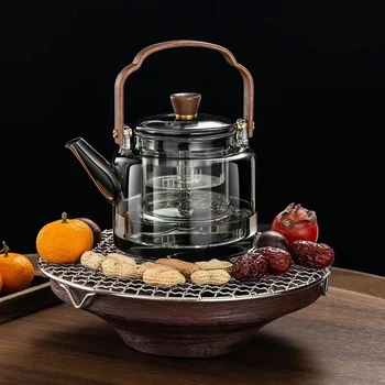 Японский чайник из термостойкого стекла для приготовления Кунг-фу с кипящим цветком Пуэр, чайник для заварки чая с ручкой из орехового дерева, Чайный сервиз, Чайная посуда Изображение